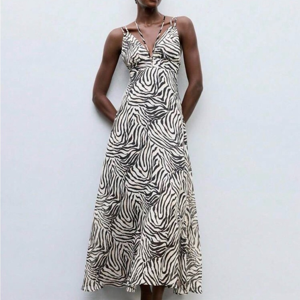 Zebra Print V-Neck Maxi Dress - Black & White